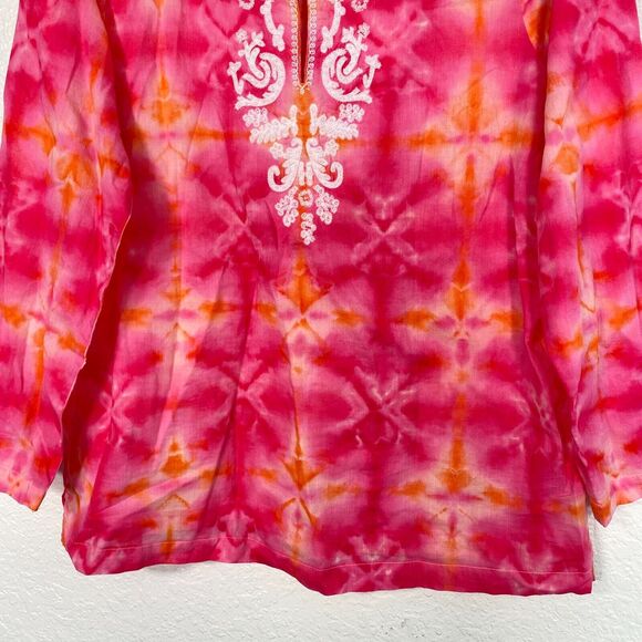 J Jill Top Women Medium Tie Dye Beaded Embroidered Shirt Blouse Bright Colorful - Picture 5 of 11